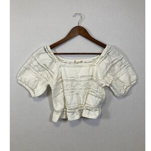 Attard State Lace Square Neck Puff‎ Sleeve Cropped Top Ivory S